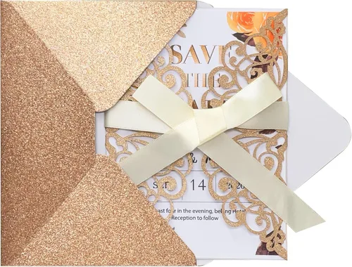 Miniatura 4 de 50 invitaciones de boda cortadas con láser con sobres con purpurina y cintas, tarjeta en blanco personalizada, invitaciones para quinceañera, Oro