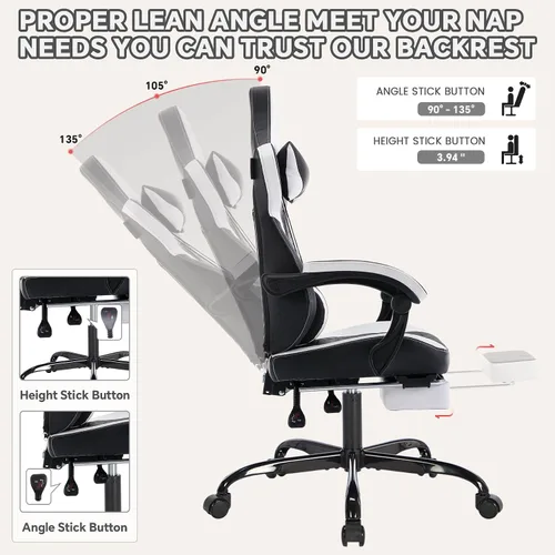 Miniatura 3 de Silla de juegos con reposapiés, silla ergonómica para jugadores con soporte lumbar ajustable y reposacabezas, silla de computadora para adultos