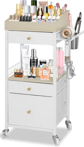 Miniatura 12 de Carrito organizador de maquillaje con 3 cajones, carrito de almacenamiento de cosméticos rodante con divisores ajustables, soporte de herramientas