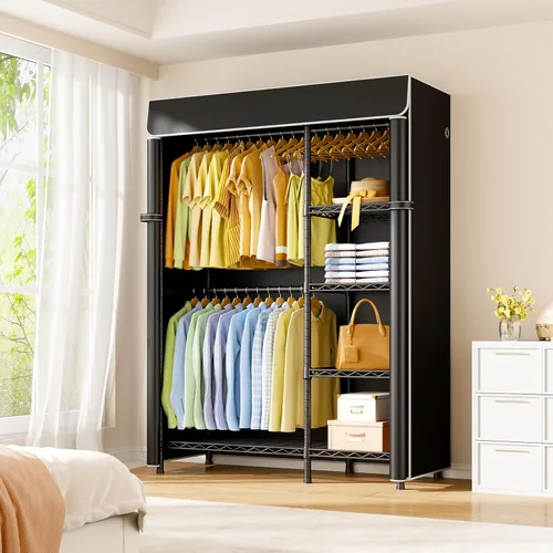 Miniatura 2 de ULIFHOME F2C - Perchero con funda, percheros para colgar ropa, perchero resistente con estantes y barras de suspensión, armario negro con cubierta