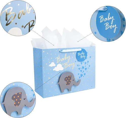 Miniatura 6 de MAYPLUSS Bolsa de regalo extra grande de 16 pulgadas con tarjeta de felicitación y papel de seda blanco, lindo bebé niño 3D haciendo bolsas