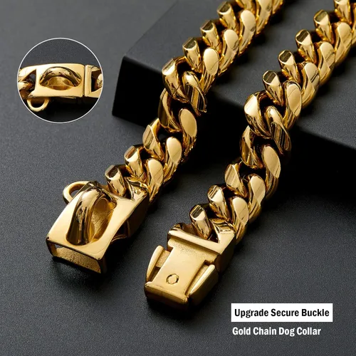Miniatura 3 de Collares fuertes de acero inoxidable dorado para perros con cierre de hebilla de seguridad, collar de entrenamiento de cadena de eslabones cubanos