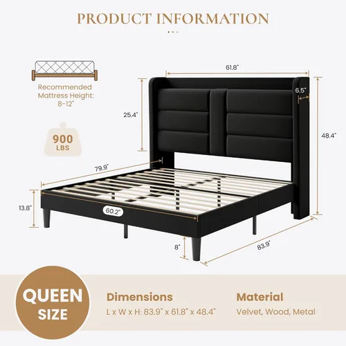 Miniatura 2 de SHA CERLIN Base de cama tapizada tamaño Queen con estante de almacenamiento y estación de carga, cama moderna de plataforma de terciopelo con Negro