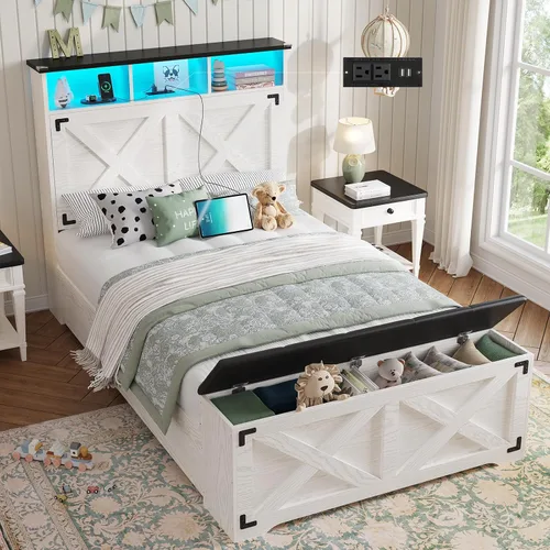 Miniatura 10 de DICTAC - Base de cama estilo granja tamaño Queen con cabecera de almacenamiento y estación de carga, base de cama de plataforma de madera