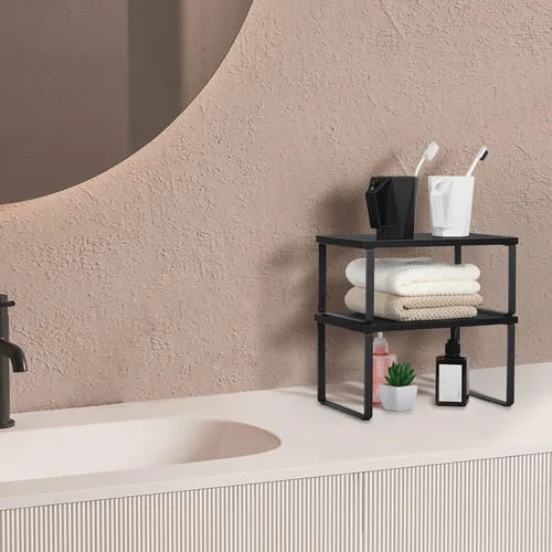 Miniatura 7 de CADUKE Juego de 4 estantes de encimera de cocina, organizador de estantes apilables, estantes de encimera de madera, estantes de gabinete Negro