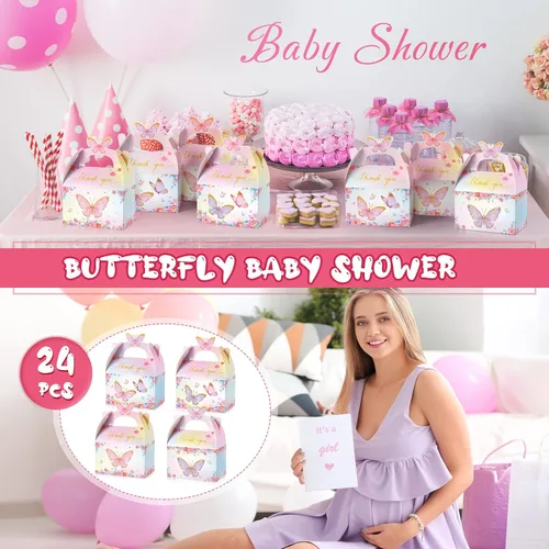 Miniatura 6 de Nezyo - 12 cajas de regalo de fiesta de mariposa, cajas de regalo de dulces de papel floral rosa morado a dos aguas con mango de mariposa