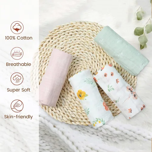 Miniatura 2 de Viviland Paños de muselina para bebé, 100% algodón, súper absorbentes, para bebé niña y niño, 10 x 20 pulgadas, 6 capas, patrón floral, paquete de 4