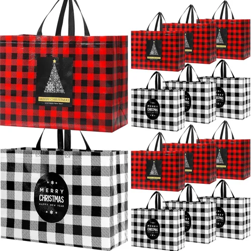 Miniatura 11 de Colarr 12 piezas bolsas de mano de Pascua extra grandes con asa, bolsa de regalo de primavera, no tejida, a cuadros búfalo, impermeable