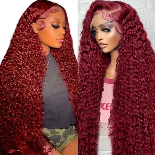 Miniatura 30 de ULRICA 99J - Pelucas de encaje frontal burdeos de 20 pulgadas, pelucas de cabello humano para mujeres negras 13x4, encaje HD burdeos, peluca de Rojo