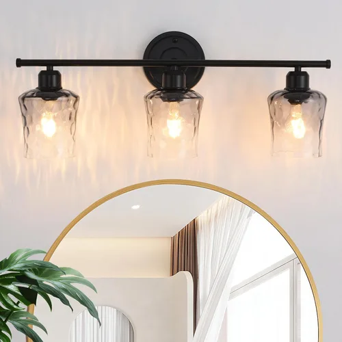 Lámpara de baño de 3 luces, lámpara de tocador negra mate con pantalla de vidrio gris, moderna lámpara de pared de baño E26 para sobre espejo,