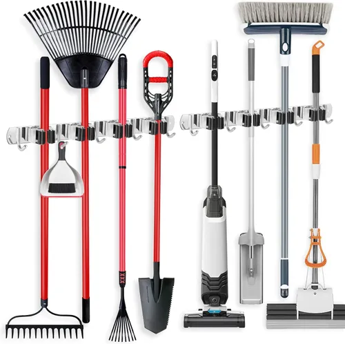 Miniatura 10 de IMILLET Soporte para escoba con montaje en pared, soporte para escoba y fregona de acero inoxidable autoadhesivo, ganchos resistentes, organizador 4