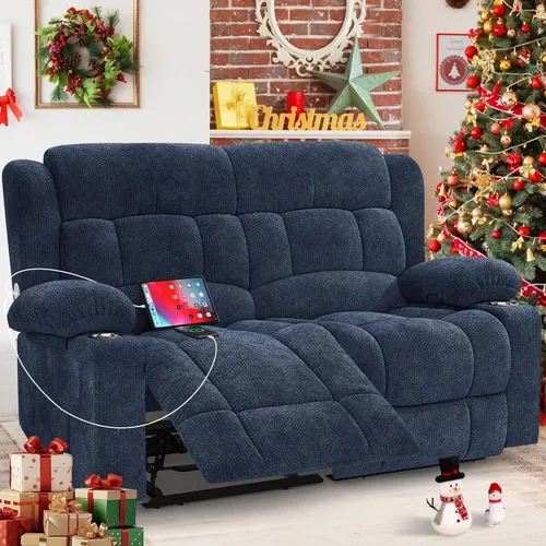 Miniatura 22 de Juego de Sofá Reclinable de Dos Plazas con 2+1 Piezas, Sillón Reclinable Minimalista de 2 Plazas con Pestaña de Tirón Manual, Tela con Puertos
