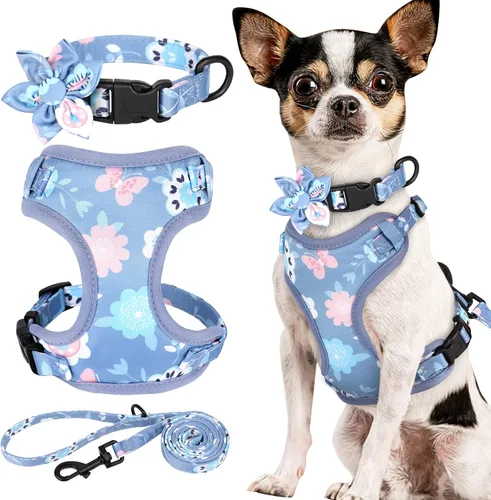Miniatura 19 de Beirui Collares, arneses y correas lindos para perritas, conjunto - Collar y correa ajustable para perros con flores - Arnés de malla suave