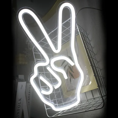 Miniatura 5 de ineonlife Decoración de Letrero de Paz de Neón, Letreros LED de Neón de Paz, Letrero de Pared con Signo de Paz con Dedos de 15'' x 8'', Gesto