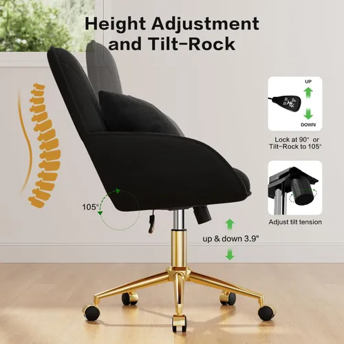 Miniatura 6 de Silla de escritorio para oficina en casa, cómoda con ruedas ajustables giratorias, moderna silla de maquillaje de terciopelo con respaldo