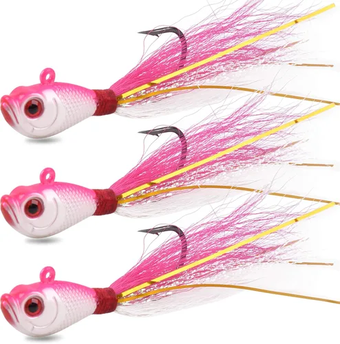 Miniatura 9 de Bucktail Jigs Señuelos de agua salada, 3/5 piezas de jigs de pelo de cola de cubo para la cabeza, señuelos de pesca, kit surtido para lubina