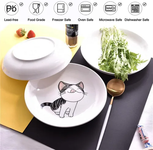 Miniatura 4 de Juego de 5 platos de cerámica con bonito diseño de gato, platos llanos grandes de porcelana para ensalada de postre de 7.28 pulgadas, platos
