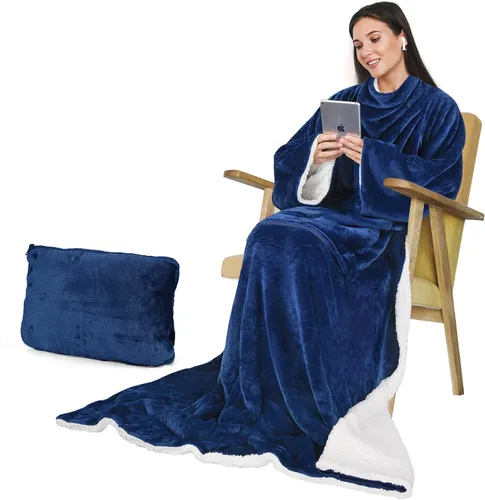 Miniatura 12 de Catalonia Classic Manta de forro polar Sherpa con mangas, súper suave, cálida y acogedora, manta portátil de viaje, regalo para mujeres, hombres