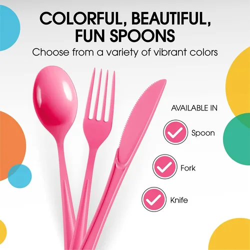 Miniatura 8 de Exquisite Cucharas de plástico rosa intenso, 50 unidades, cucharas de color rosa intenso, utensilios desechables, juego de cubiertos de plástico