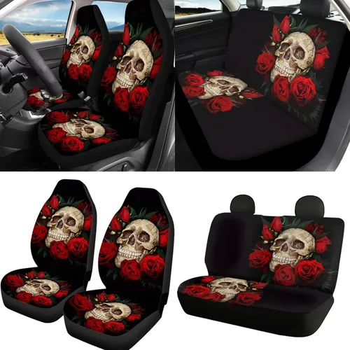 Miniatura 2 de Juego de 13 piezas de accesorios de automóvil de calavera con rosa roja, incluye fundas de asiento delantero y trasero, parabrisas de automóvil
