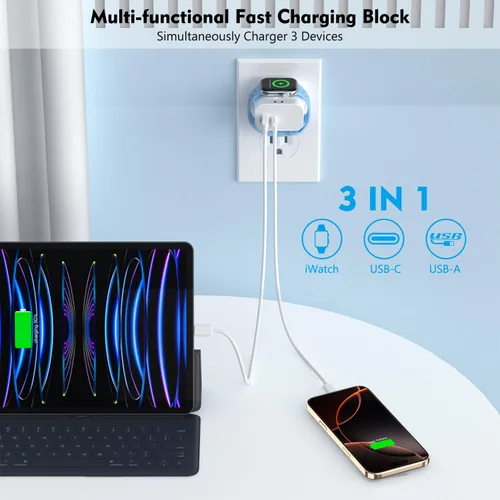 Miniatura 2 de Cargador de Apple Watch, magnético inalámbrico para carga de Apple Watch, paquete de 2, 23 W de doble puerto (USB-C + USB-A), bloque de carga rápida