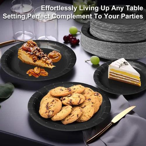 Miniatura 6 de Black Paper Party Plates Supplies 400GSM -100pcs - 50 x 10 Dinner Plates and 50 x 8 Dessert Plate,Suitable for Birthday,Family Negro