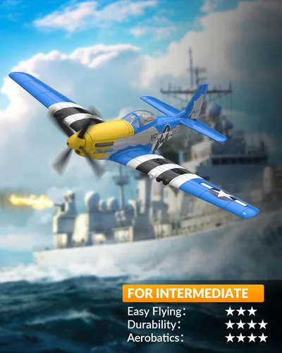 Miniatura 2 de VOLANTEXRC RC Avión P51D Mustang de 4 canales, avión de control remoto de combate RTF con giroscopio de 6 ejes, 3 modos, fácil de volar, avión Azul