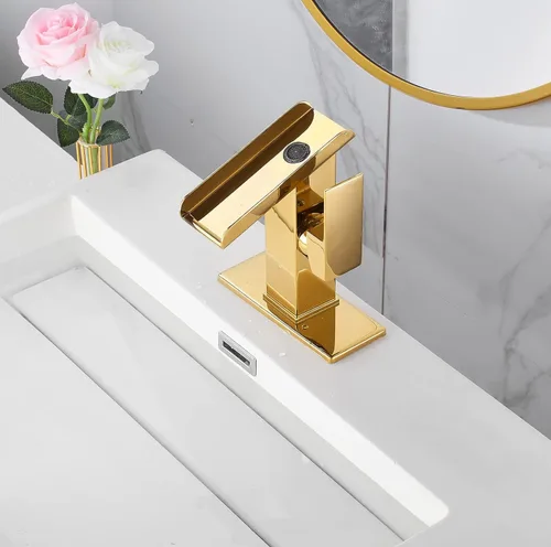 Miniatura 6 de Grifo de lavabo de baño dorado de una sola manija de 1 o 3 agujeros de 4 pulgadas, cascada de 4 pulgadas, grifo de baño moderno de latón para lavabo