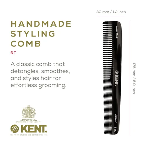Miniatura 2 de Kent Peine de pelo de dientes finos y dientes anchos 6T G, peine de peinado hecho a mano para el cuidado del cabello, peines de peluquería, peines