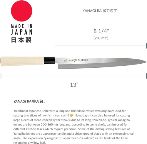 Miniatura 5 de JapanBargain, Cuchillo japonés Yanagiba Sashimi, cuchillo de chef de sushi, hoja de acero inoxidable de alto carbono 8-1/4 pulgadas, fabricado