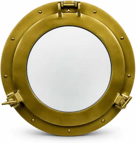 Miniatura 14 de Nagina International Espejo y ventanas de buey náutico con acabado de latón antiguo con recubrimiento en polvo, espejo de decoración de pared