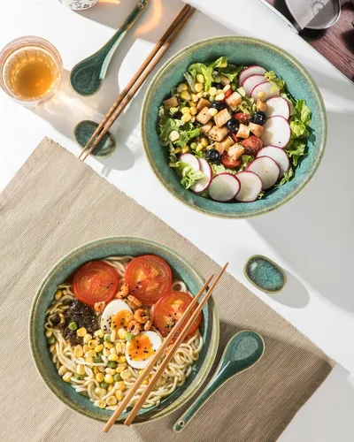 Miniatura 6 de Tazones grandes para servir ensalada, sopa, ramen, 71 OZ tazones de cerámica japoneses para fideos ramen con palillos, cucharas y soportes