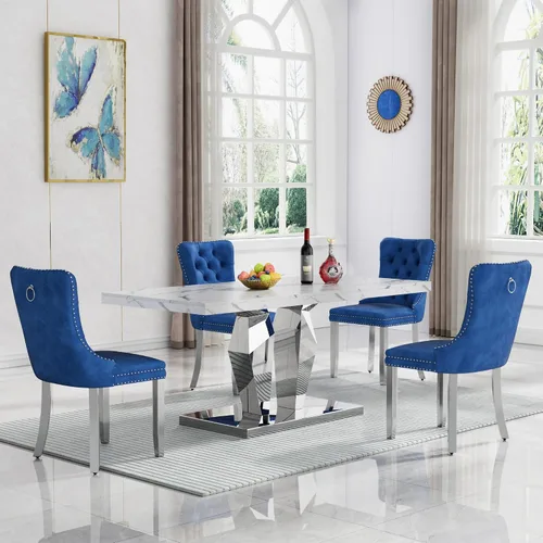 Miniatura 40 de Moderno juego de mesa de comedor de mármol sintético de 68.11 pulgadas para 6, mesa de comedor de mármol blanco y plateado con 6 sillas de Blanco