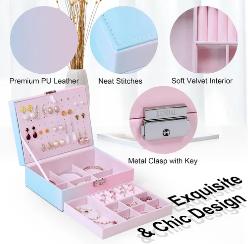 Miniatura 4 de Kendal Joyero para mujeres y niñas, organizador de joyas de 2 capas, piel sintética con cierre y forro de terciopelo suave, portátil, almacenamiento
