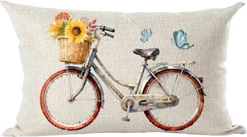 Ramirar Funda decorativa de almohada lumbar decorativa de verano con acuarela, color marrón, bicicleta, bicicleta, girasoles amarillos, funda de