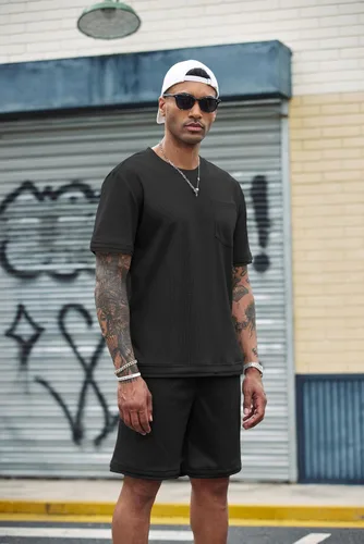 Miniatura 39 de COOFANDY Conjunto de camisa y pantalones cortos de gofre para hombre, conjunto de 2 piezas, conjunto casual de verano con bolsillos