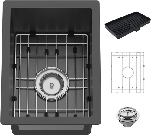 Fregadero de cocina y bar negro de 12 x 16 pulgadas, pequeño tazón de acero inoxidable para montaje inferior, fregadero de cocina y bar, elección