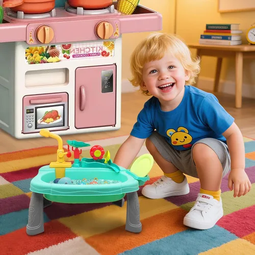 Miniatura 8 de STBEIMEIMY Fregadero de Juego para Niños con Agua Corriente, Mesa de Agua Mini, Juguetes de Agua, Grifo Mejorado y Platos de Juego, Juguete
