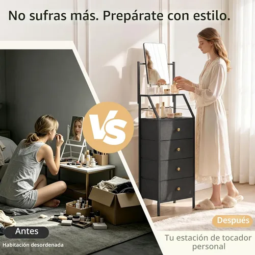 Miniatura 3 de HIGDBFE Cómoda de 4 cajones con espejo, tocador con estantes de 2 niveles, cómoda de tela para espacios pequeños, armario de almacenamiento vertical