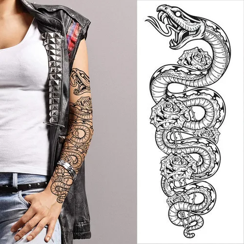 Miniatura 2 de 2 tatuajes temporales de brazo completo serpiente pitón rosas pegadas en transferencia de arte corporal para mujeres y hombres cosplay Halloween