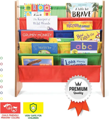 Miniatura 6 de Sagler Organizador de libros para niños pequeños – Estuche de madera para libros y revistas con 5 estantes de tela de nailon multicolor – Estantería