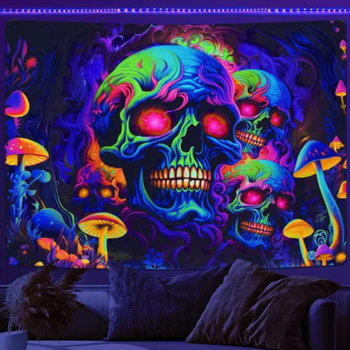 Miniatura 12 de Tapiz de calavera con luz negra, arte de pared de esqueleto reactivo a los rayos UV para dormitorio, pósteres de luz negra para adultos, tapiz