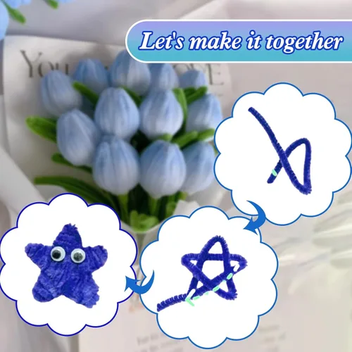 Miniatura 8 de URSDIART 311 piezas de limpiapipas azules para manualidades - Kit de fabricación de flores de tallos de felpilla, alambre grueso y esponjoso