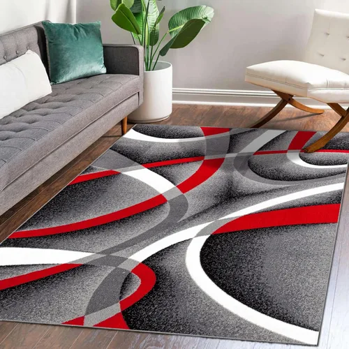 2305 Alfombra abstracta moderna roja, negra, y beige, Polipropileno, Gris