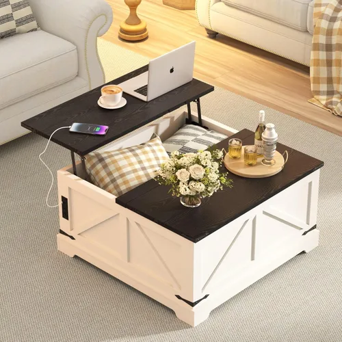 Miniatura 9 de Mesa de café con almacenamiento, mesa rústica de elevación con centro cuadrado de madera estilo granja con estación de carga, mesas de cóctel