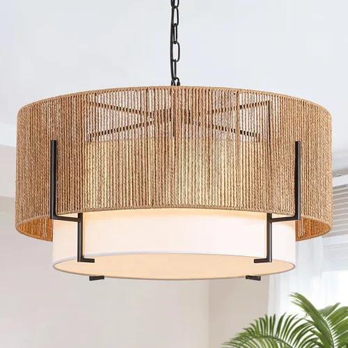 Miniatura 9 de Lámpara Colgante de Ratán, Candelabro Boho de 12.6" con Pantalla de Tela, Lámpara Colgante Estilo Granja Candelabro para Comedor, Sala de Estar