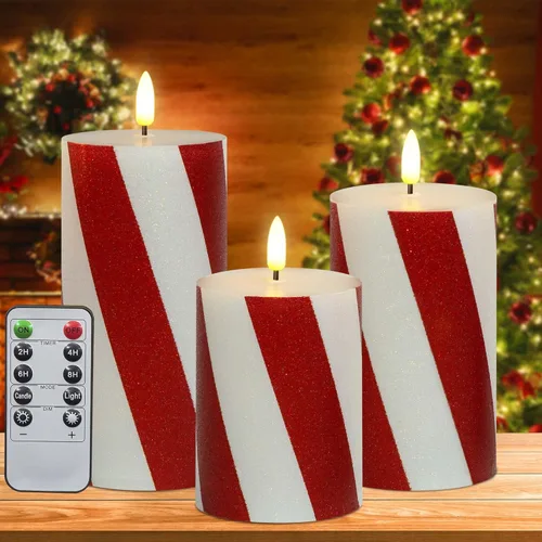 Velas parpadeantes de Navidad sin llama con rayas rojas con purpurina, pilar de cera real, velas eléctricas LED con temporizador remoto para Rayas