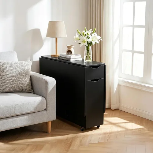 Miniatura 7 de Mesa de comedor plegable con cajón y estantes de almacenamiento, mesa de comedor plegable de 53" que ahorra espacio con 6 ruedas, mesa de hoja