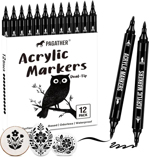 Miniatura 11 de Pagather Marcadores de pintura acrílica en blanco y negro, paquete de 12 marcadores de doble punta con punta fina y punta de pincel para piedra, 12