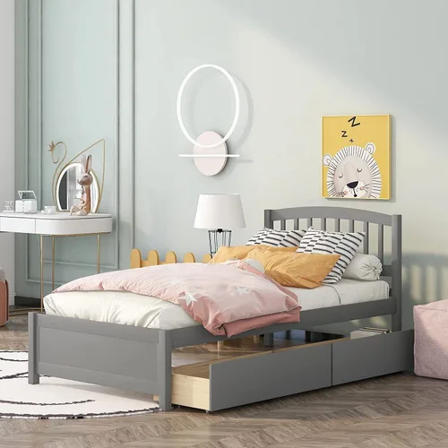 Miniatura 12 de Base de cama individual de madera maciza para niños con nido y cabecera curvada, base de cama de plataforma de perfil bajo con soporte de listones